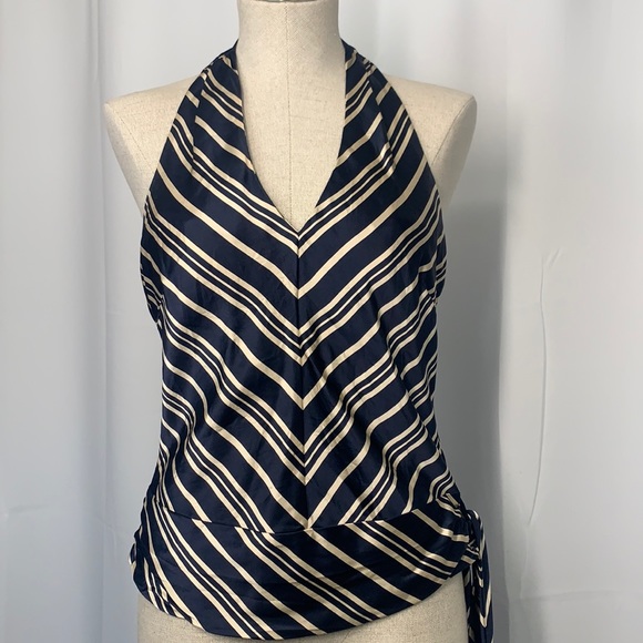🌟5/$25 Banana Republic Silk Halter Neck Blouse - Navy Blue/Gold Chevron, Sz Med - Picture 1 of 11